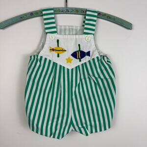 VINTAGE GREEN AND WHITE STRIPE SHORT OVERALL SIZE 3-6 MONTHS